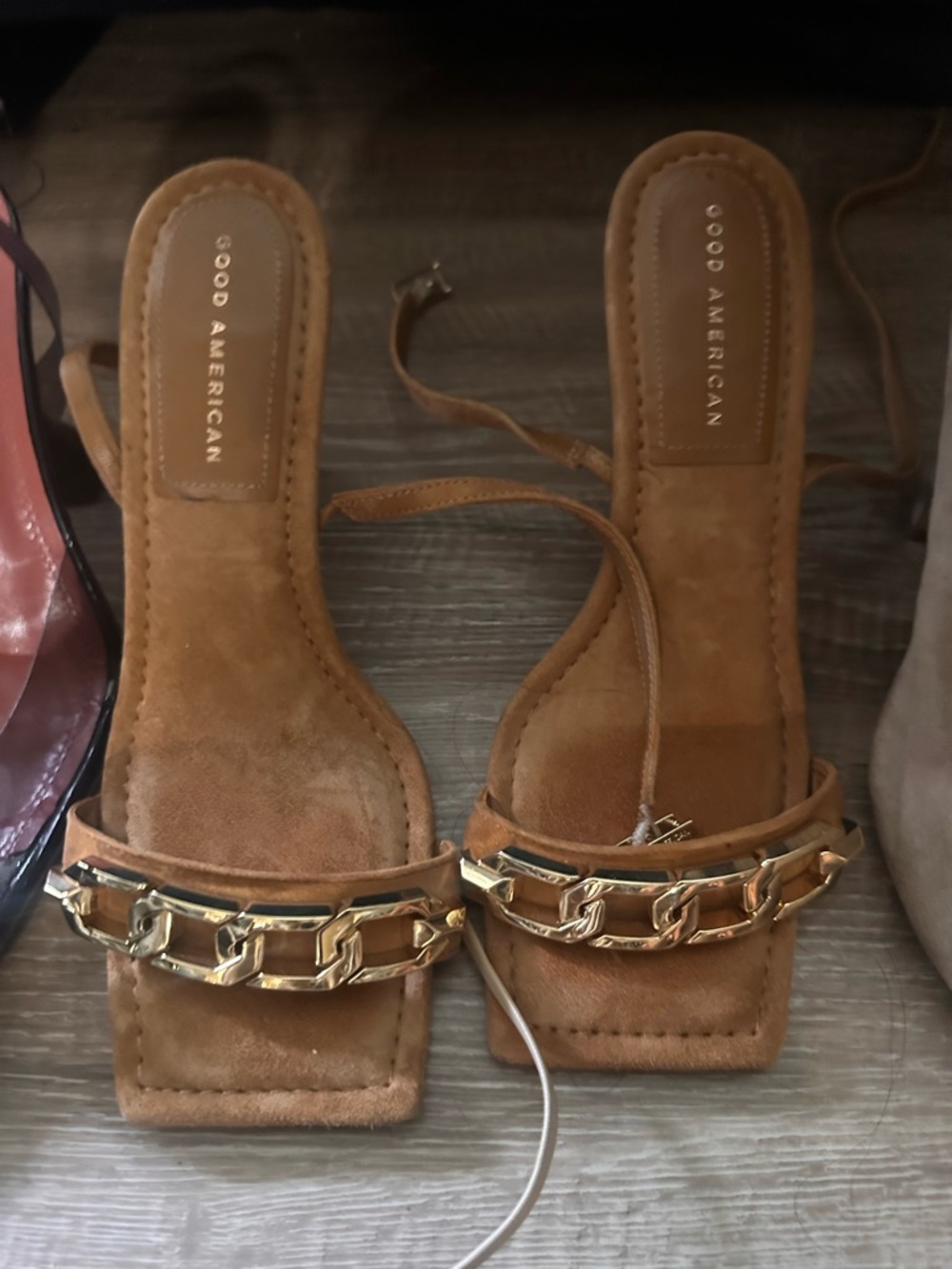 Good American Brown Suede Chain-Accent Square-Toe Sandals